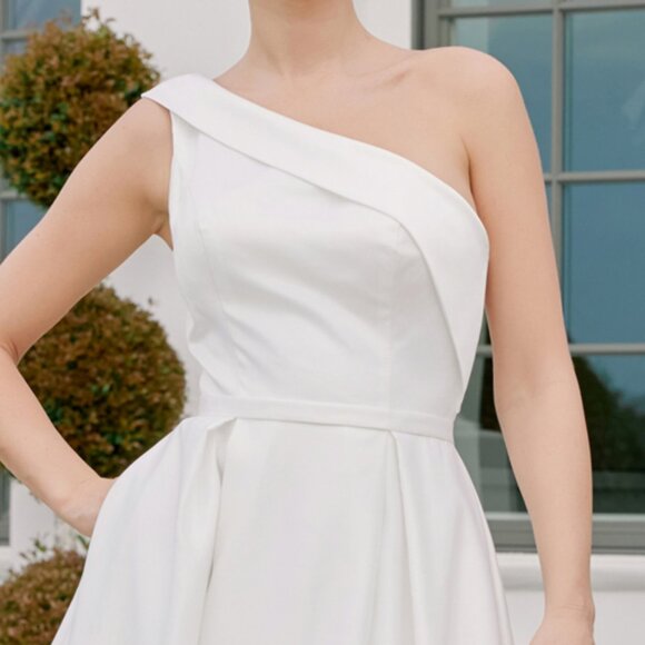 New A-Line Maxi Bridal Satin Dress w/ Asymmetrcial Neck & Side Pockets NX E469 - Picture 5 of 9